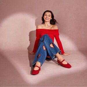 VIVAIA Mary Jane Flats Knit Square‎ Toe Buckle Strap Red Shoes EU/39 US/8